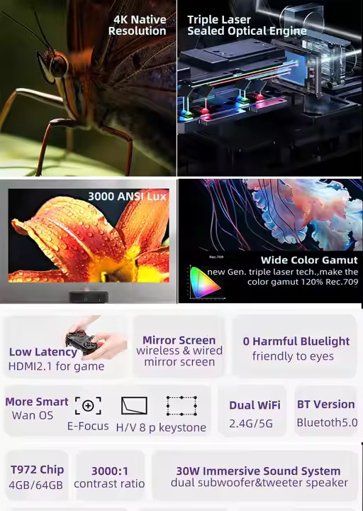 Paihao H2 4K Full 3D Ultra Short Throw Ratio Projector Triple Laser WAN OS Dual WiFi Wireless Video Beamer