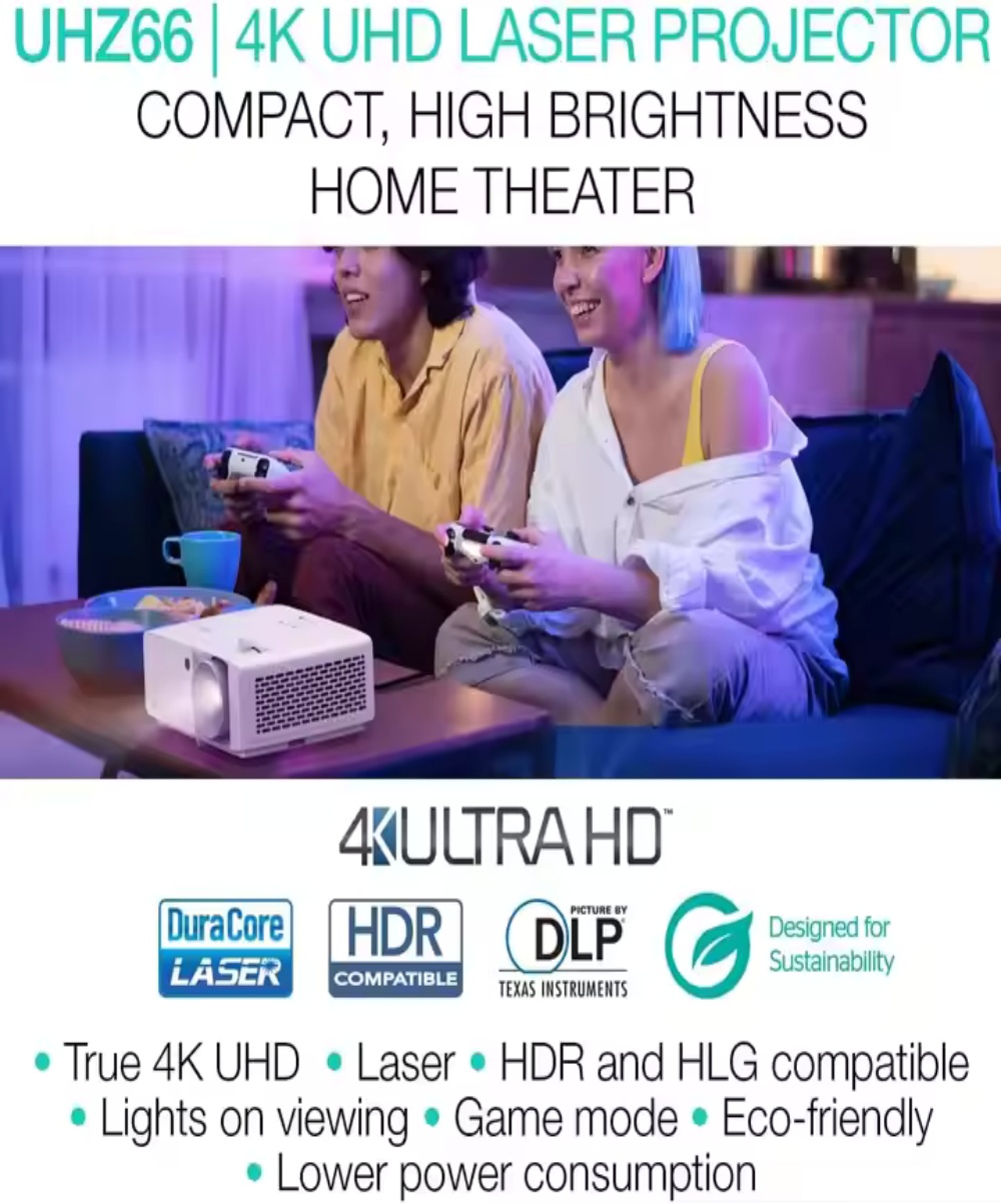 Optoma UHZ66 4K Native Home Cinema Projector, Laser 4000 Lumens IPX6 Gaming Proyector with 4K HDR High Contrast Full 3D Beamer