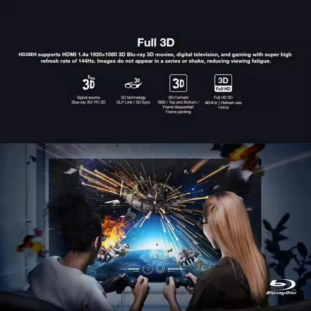 Optoma HD28EH DLP Video Projector, High Brightness 4000 Lumens Home Cinema Proyector with 1080P Full HD 4K HDR 3D Beamer