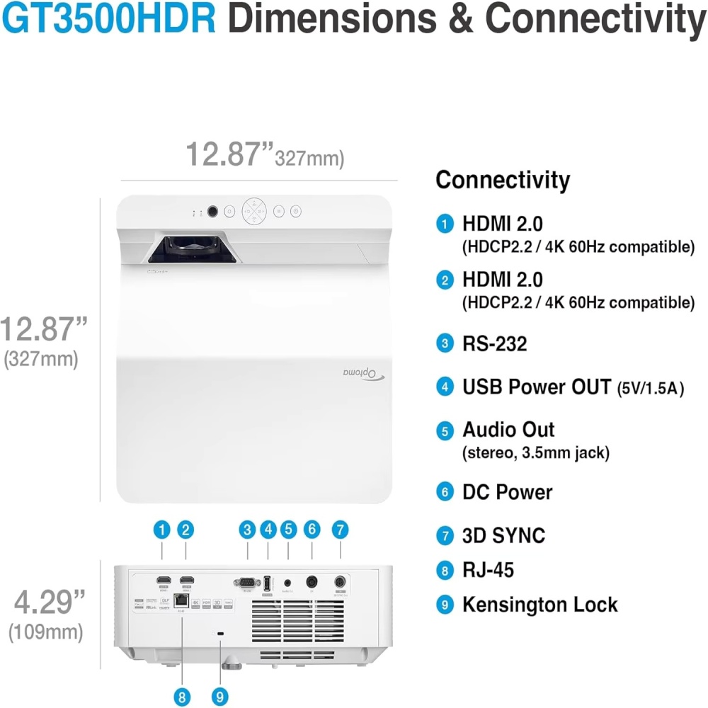 Paihao Optoma GT3500HDR 1080p Home Laser Projector, GT4000UHD 4K UHD Ultra-Short Throw Laser HDR Beamer Low Lag for Gaming