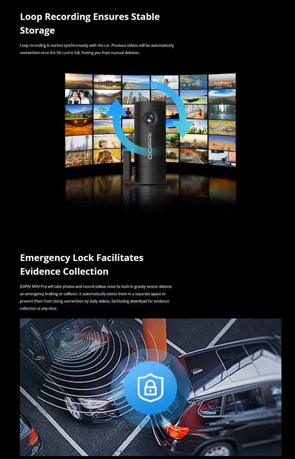 DDPAI Mini Pro 330-Degree Rotatable Lens Dash Cam Emergency Lock 1296p UHD Resolution Video Recorder Night Vision MicroSD