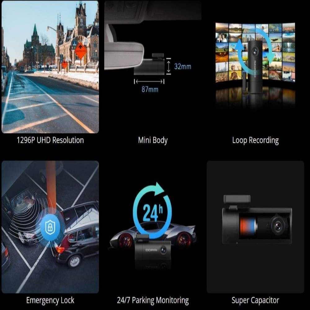 DDPAI Mini Pro 330-Degree Rotatable Lens Dash Cam Emergency Lock 1296p UHD Resolution Video Recorder Night Vision MicroSD