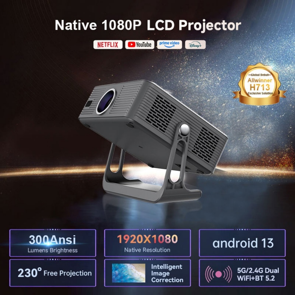 Paihao T7 Native 1080P Android 13 Smart LCD Projector, 300 ANSI Auto Focus Keystone Correction Home Theater Video Projector
