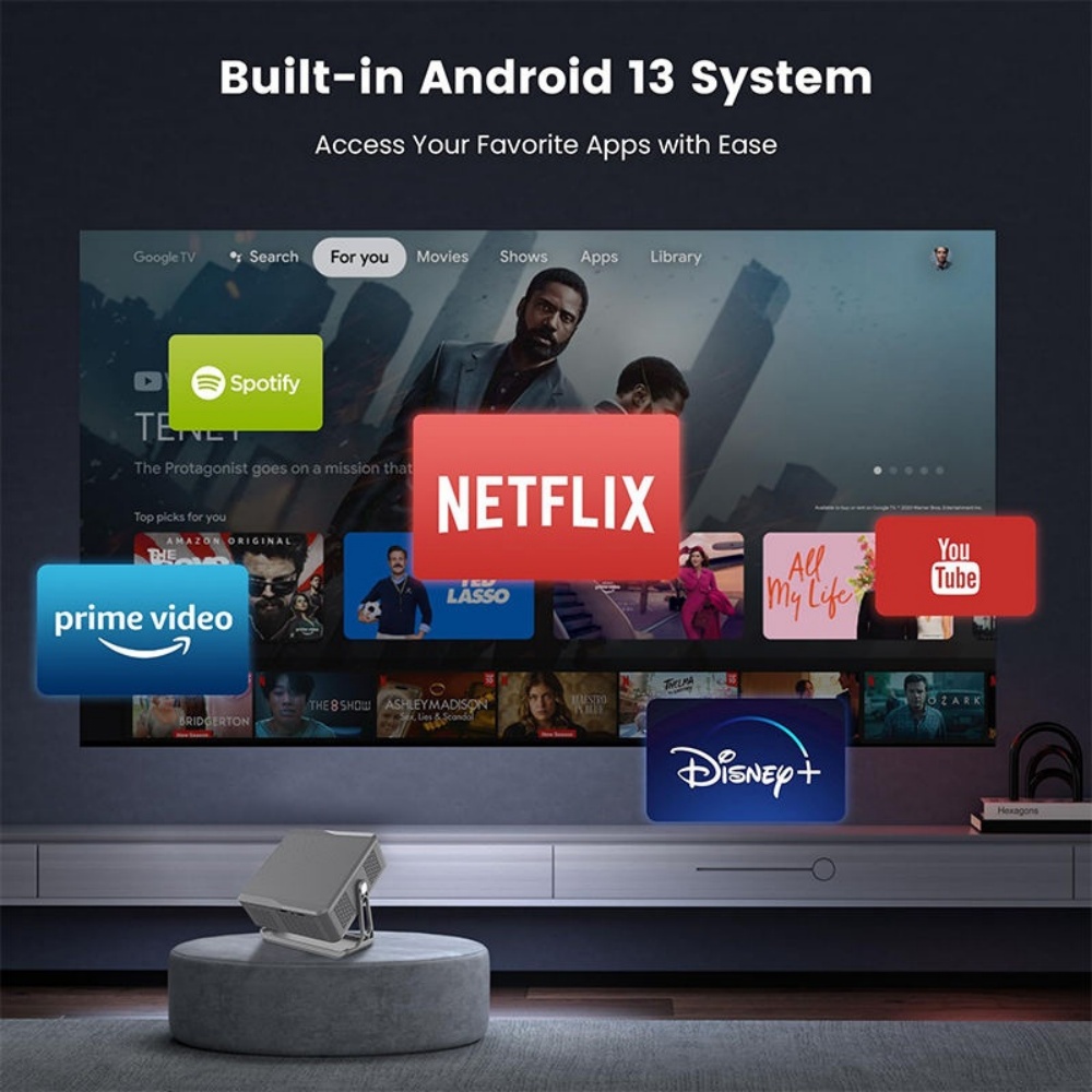 Paihao T7 Native 1080P Android 13 Smart LCD Projector, 300 ANSI Auto Focus Keystone Correction Home Theater Video Projector