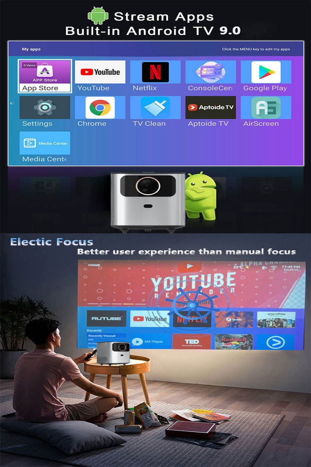 T8 Mini Android TV 9.0 Smart Projector, 2.4/5G WiFi Bluetooth 5.0 720P Native 200 ANSI with Electric Focus Portable Home Cinema
