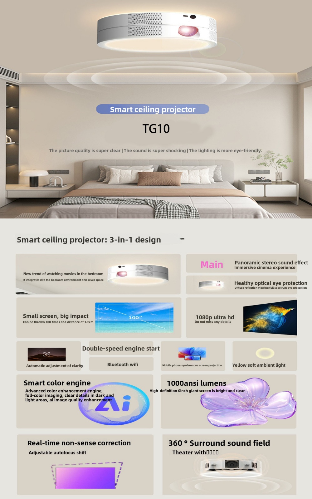 Paihao TG10 Smart Ceiling LED Projector 3-in-1 Max 4K 1080P HD Android 9 1000 Lumens 3D Ready Internet Ready BT Speaker