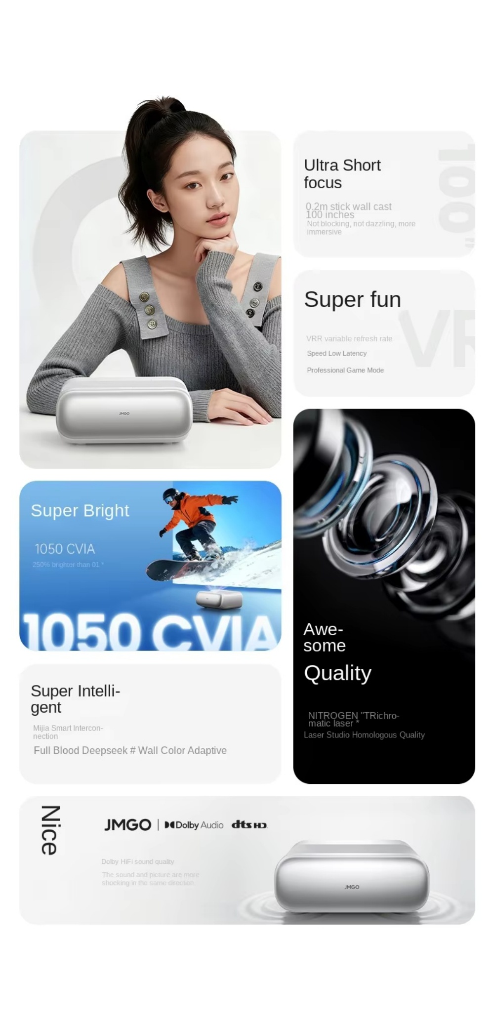 JMGO O3 1080P Ultra Short Throw DLP Projector1050 Lumens 2G+64G VRR HD 2.1 Smart Auto Correction Home/Gaming Smart Projector